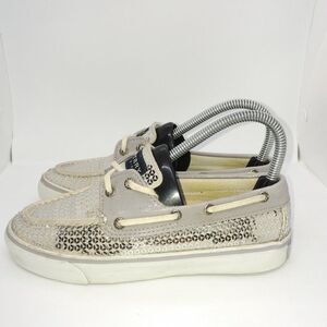 Sperry‎ Top Sider Bahama Silver Sequin Boat Shoes Women's Size 5.5 M Silv…